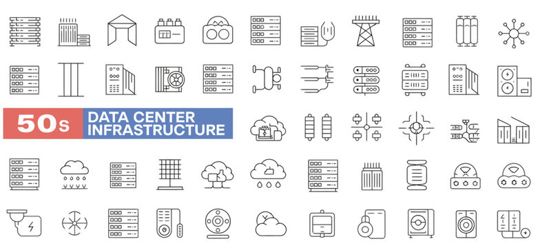 Extensive collection of data center infrastructure vector line icons for cloud computing and network technology.
