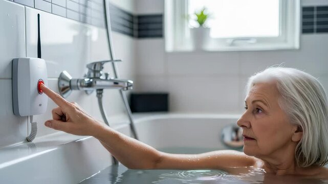 Elderly woman taking a bath in a tub touches an emergency button to call for help. Safety device for senior healthcare, home monitoring and independent living.
