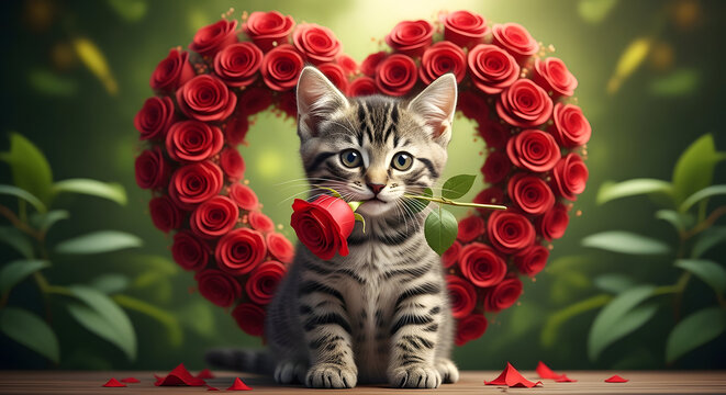 Gray tabby kitten holding rose in front of heart shaped red roses stripes
