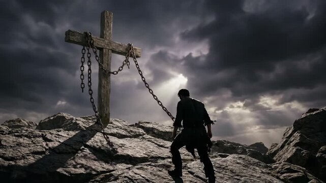 Man kneeling before a wooden cross with chains on a rocky mountain. Religious faith and spiritual struggle under a dramatic cloudy sky. Christian symbol scene.