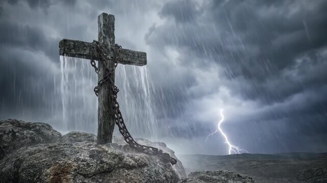 Wooden cross with rusty chain standing on rock under dark storm sky. Lightning strikes during heavy rain. Catholic symbol for suffering, faith and redemption.