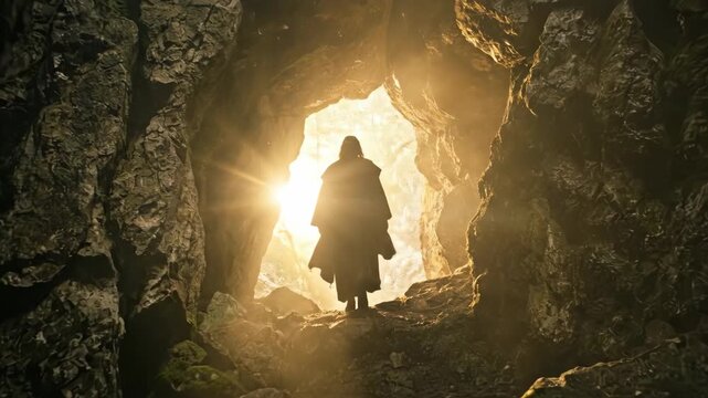 Man dressed as Jesus Christ walking out of a stone cave into bright light. Biblical figure leaving tomb, resurrection concept, religious cinematic symbolism.