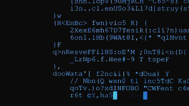 Hacker code on computer screen, suggesting programming, software development, cybersecurity and hacking; close-up pixelated terminal text and script evoke data, networks and digital technology.