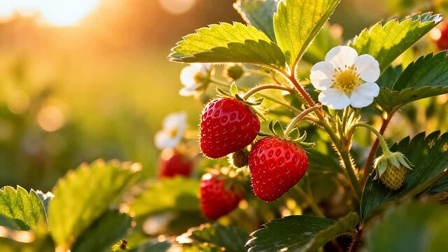 Strawberry plant with ripe fruit and flower