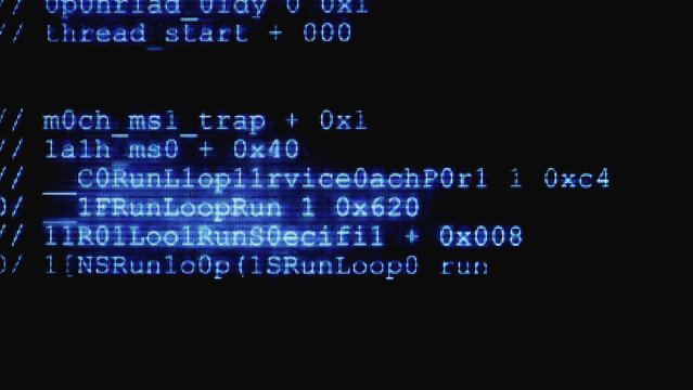 Hacker code on computer screen, suggesting programming, software development, cybersecurity and hacking; close-up pixelated terminal text and script evoke data, networks and digital technology.