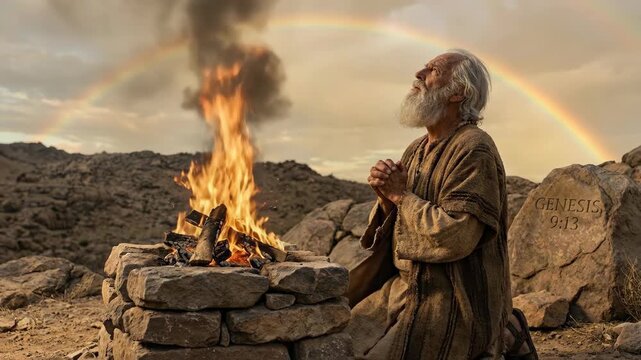 Elderly man praying near stone altar with fire under rainbow. Biblical scene of Noah offering sacrifice in desert. Symbol of covenant and faith in God promise.