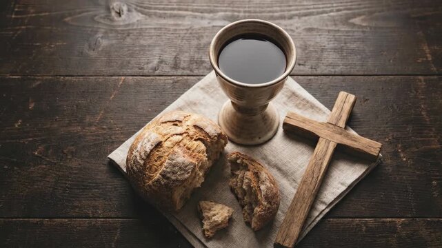 Holy communion chalice with bread and wooden cross on rustic table. Christian eucharist symbols for religious ritual. Traditional worship and sacral rite concept.