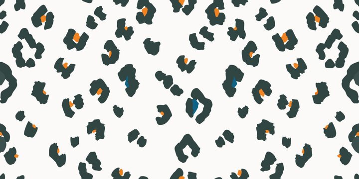 Abstract leopard print pattern with dark spots and orange accents
