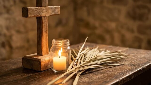 Wooden cross with burning candle and palm leaf on table. Christian spiritual altar set for religious prayer. Holy week devotional concept in rustic stone room.