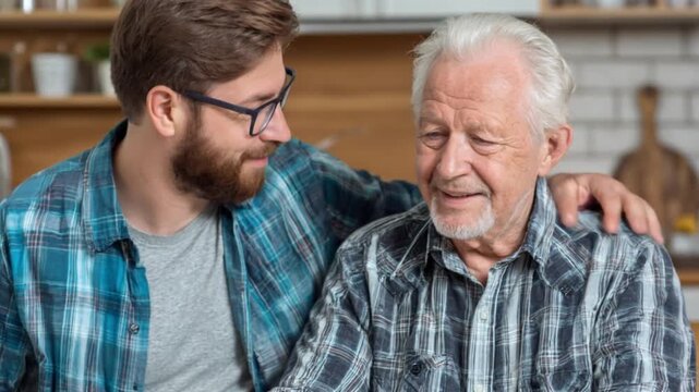 A heartfelt moment between a young man and an older man sharing a deep conversation in a cozy home setting highlighting the bond of family and connection through generations.