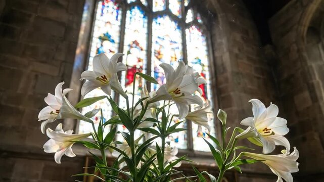White easter lily in bloom before illuminated stained glass window of a stone church. Christian religious floral decoration for worship service and holy event.