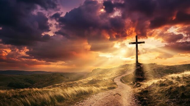 Christian cross standing on mountain hill during dramatic sunset. Catholic symbol of Jesus Christ landscape with golden light rays and glowing clouds at horizon.
