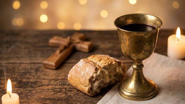 Chalice with bread and wooden cross on table with candles. Symbol of holy communion in catholic church for religious observance. Christianity faith ritual concept.