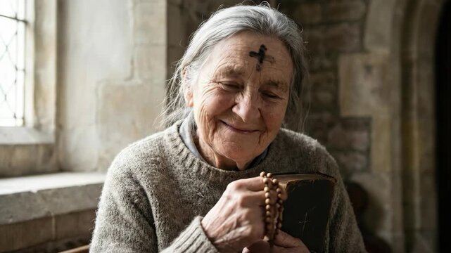 Elderly woman with ash cross on forehead praying with rosary and bible inside church. Faithful christian observing Lent tradition for religious devotion practice.