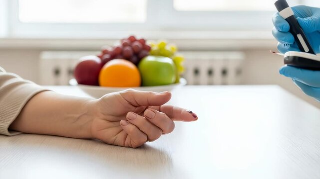 Doctor checking blood glucose level of elderly woman. Medical professional performing diabetes test using lancet and glucometer at home. Health monitoring concept.