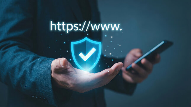 Businessman's hands display a glowing blue shield with a white checkmark and the prominent "https://www." text, symbolizing robust online security, data protection, and secure internet browsing 