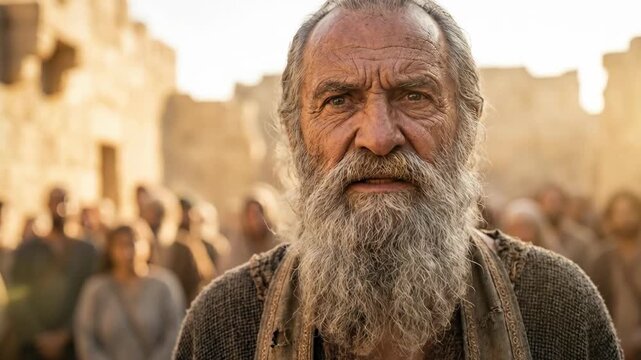 Bearded man preaching in a crowd. Ancient prophet speaking to people in a desert city. Biblical scene of a messenger teaching followers in religious setting.