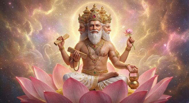 Four-faced Brahma meditating on a pink lotus flower surrounded b