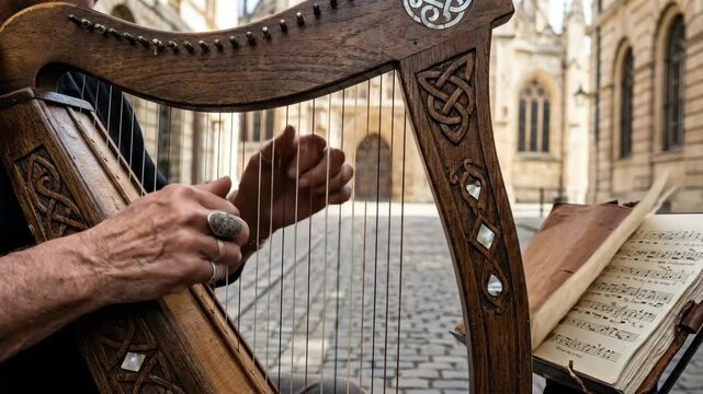 Musician playing wood harp in church courtyard. Man performing musical instrument with sheet music. Catholic religious musical worship ceremony in old town square.