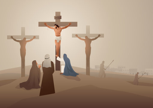Biblical vector illustration series. Way of the Cross or Stations of the Cross, twelfth station, Jesus Nailed to the Cross, Crucifixion Scene.