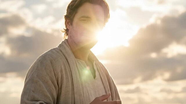Man representing Jesus Christ reaching out with hand and placing hand on heart. Religious figure in biblical clothing at sunrise. Spiritual grace and faith theme.