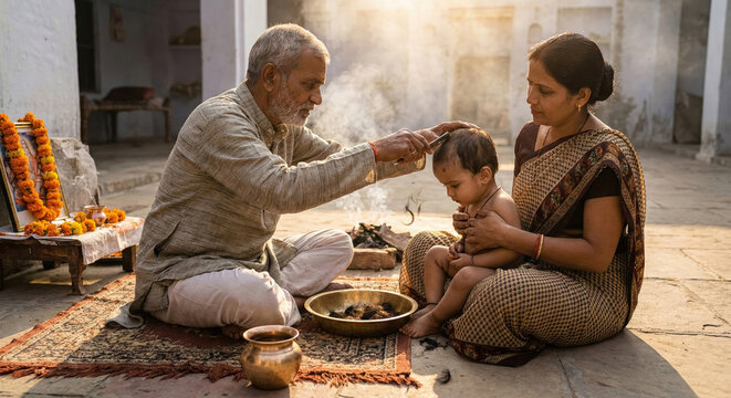 Elderly Indian man performs sacred tonsure ritual on baby boy wi