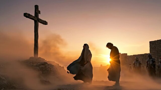 Jesus Christ and grieving woman standing before wooden cross at sunset. Ancient biblical scene depicting crucifixion site with roman soldiers in misty desert.