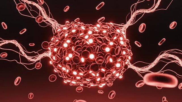 Microscopic view of blood cells forming a clot with fibrin strands