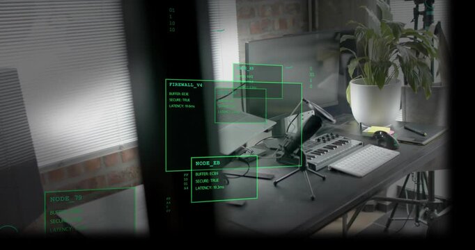 Camera shifting revealing desk, producer's hand reaching while HUD boxes tracking recording setup