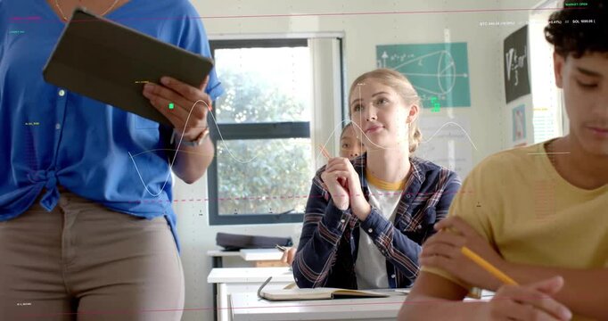 Vertical video: Teacher walking using tablet teaching math causing class writing AR charts showing