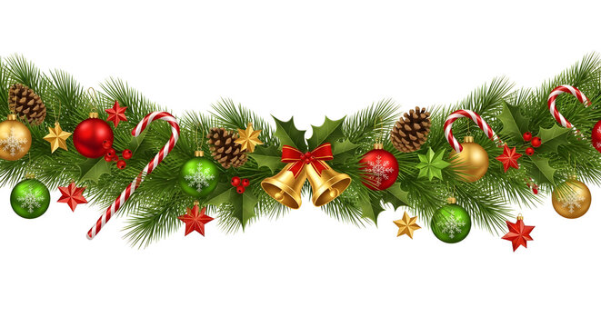 Christmas garland with ornaments and candy canes on white background pine