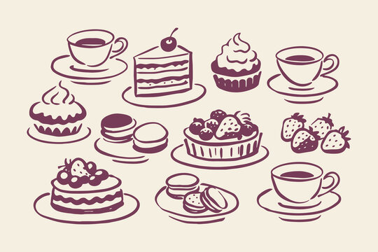 Dessert elements set outline sketch vector illustration