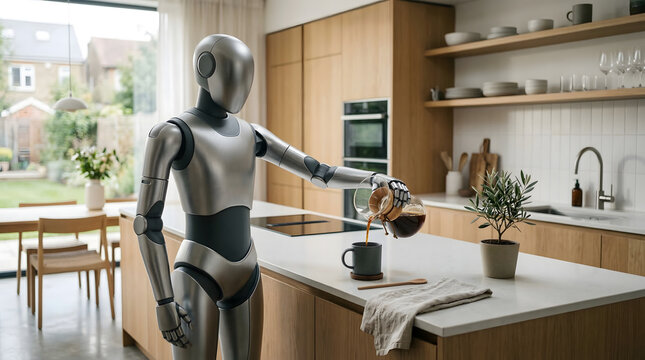 Robot Pouring Coffee in Modern Kitchen - AI & Automation