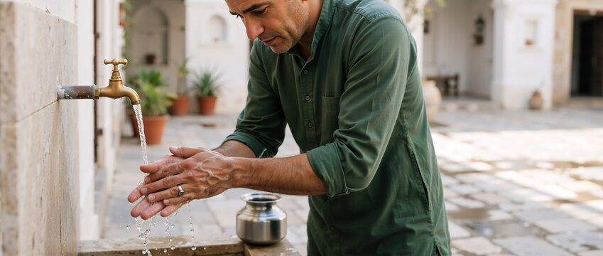 Muslim man washing hands with soap under an outdoor brass tap. Islamic wudu ablution ritual before prayer. Preparation for Eid al-Adha in a stone courtyard