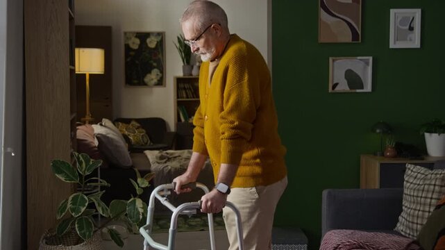 Tilt up shot of senior man with glasses wearing casual clothes slowly moving forwards with help of metal walker in home setting