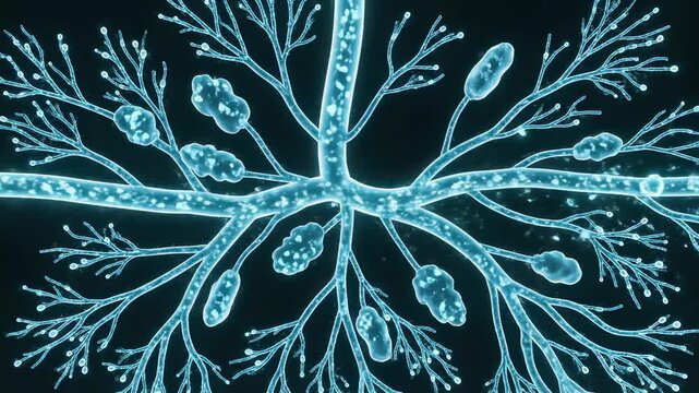 Microscopic view of branching fungal hyphae with spores and conidia