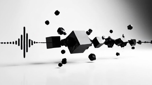 Monochrome 3D Audio Waveform Visualizer With Floating Particles.
