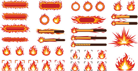 Fire effects and flame elements vector set with explosions burning frames motion trails and game animation assets collection © Sumon Creative