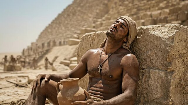 Exhausted Egyptian Pyramid Builder Resting Against Stone Wall in Desert Sun Muscular Shirtless Worker Ancient Egypt Construction Labor Heritage Cinematic