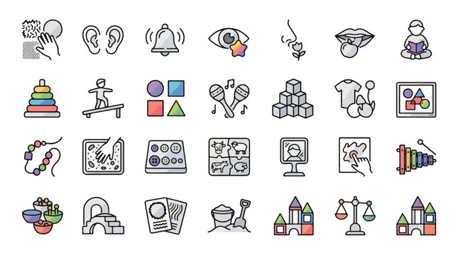 Sensory Development Icon Set in Linear Style. Collection of early education Linear Icons, including five senses, stacking toys, blocks, puzzles, motor skills, reading, and more. Vector art.