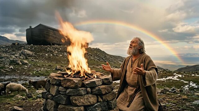 Biblical patriarch Noah kneeling in prayer before stone altar fire with rainbow in sky after great flood ark visible in dramatic spiritual landscape background
