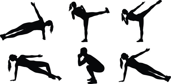Black silhouettes of people doing fitness exercises including planks squats and high kicks isolated on white background for gym workout poster