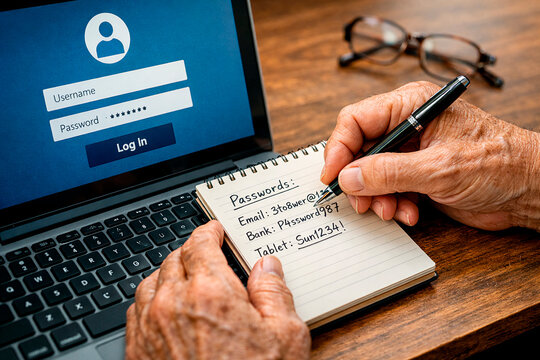 Senior person writing passwords in notebook near laptop