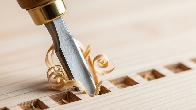 Detailed woodworking showcases precision and craftsmanship with a chisel