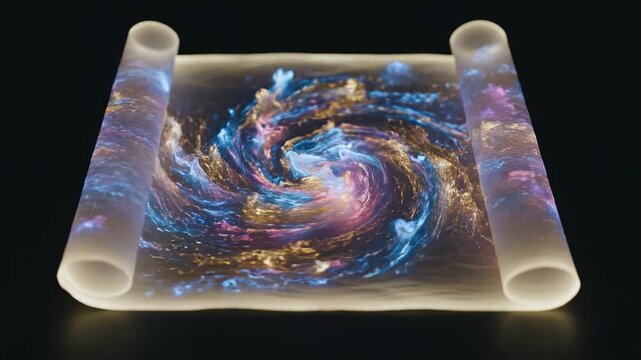Abstract swirling cosmic nebula energy displayed on a translucent scroll