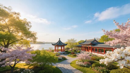 Obraz premium Spring Garden with Chinese Pavilion and Cherry Blossoms