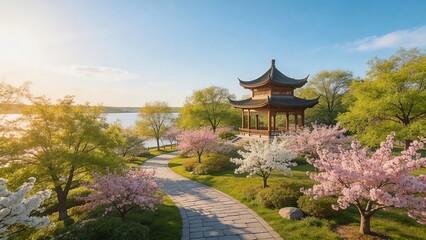 Obraz premium Spring Garden with Chinese Pavilion and Cherry Blossoms