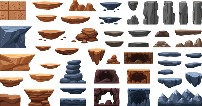 Rock and stone platform vector set with caves cliffs mountains and game environment elements for 2D design collection