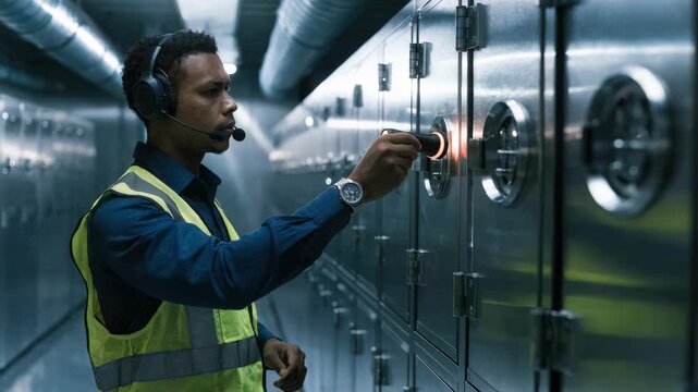 Medium frame of a security guard verifying locked storage compartments inside an onsite commercial vault with blurred walls enhancing subject attention.