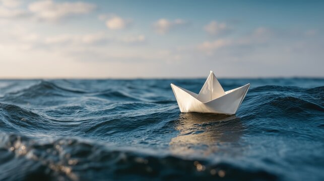 Paper boat on ocean waves symbolizing business resilience. Overcoming uncertainty, risk management, leadership and staying afloat in volatile market conditions. Strategy and survival concept